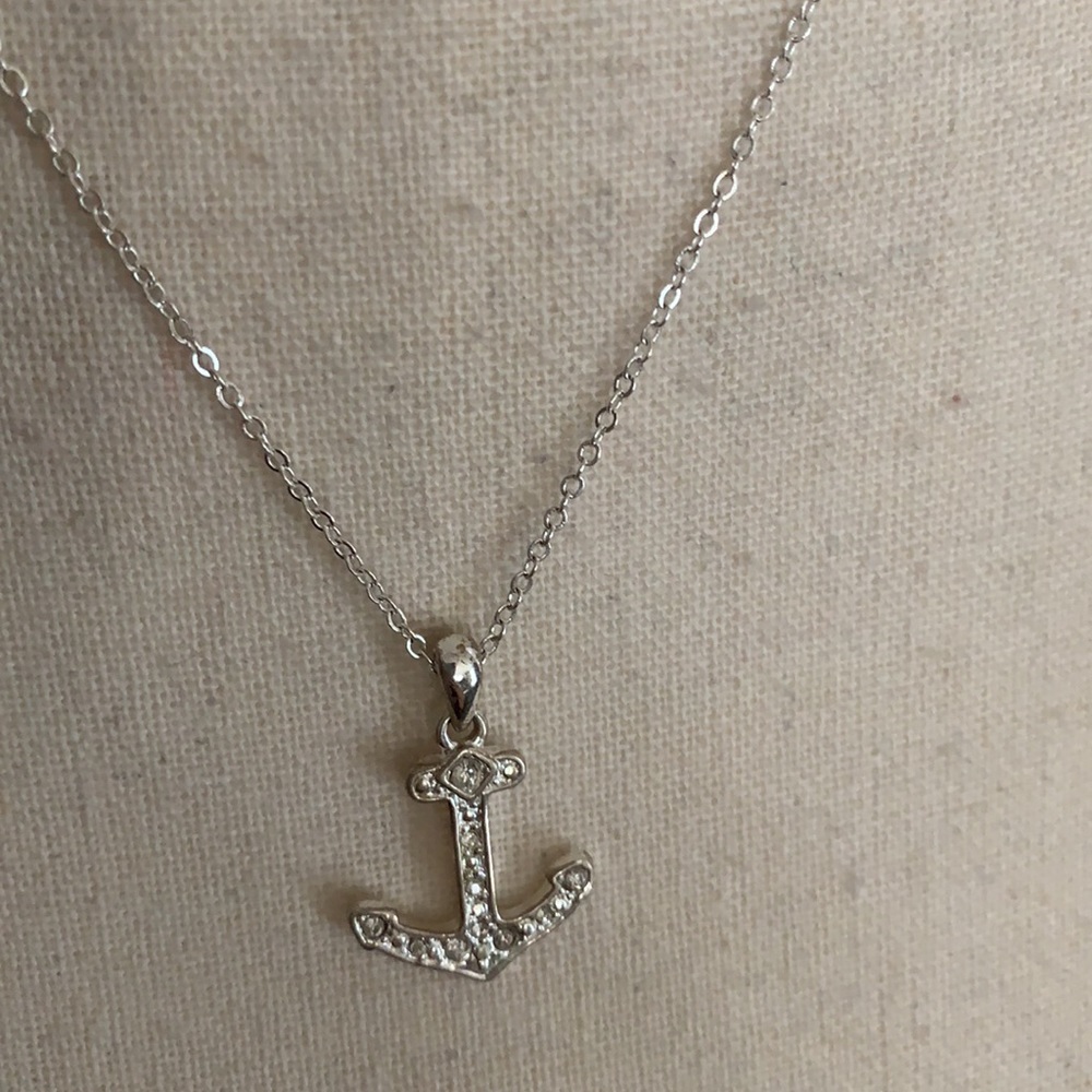 Silver & Pave crystal zirconia nautical anchor charm pendant on silver necklace